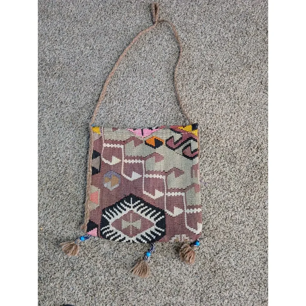 “VNTG, Handmade Kilim Wool Shoulder Bag Tribal Boho Crossbody Purse w/ Tassels - Picture 1 of 16